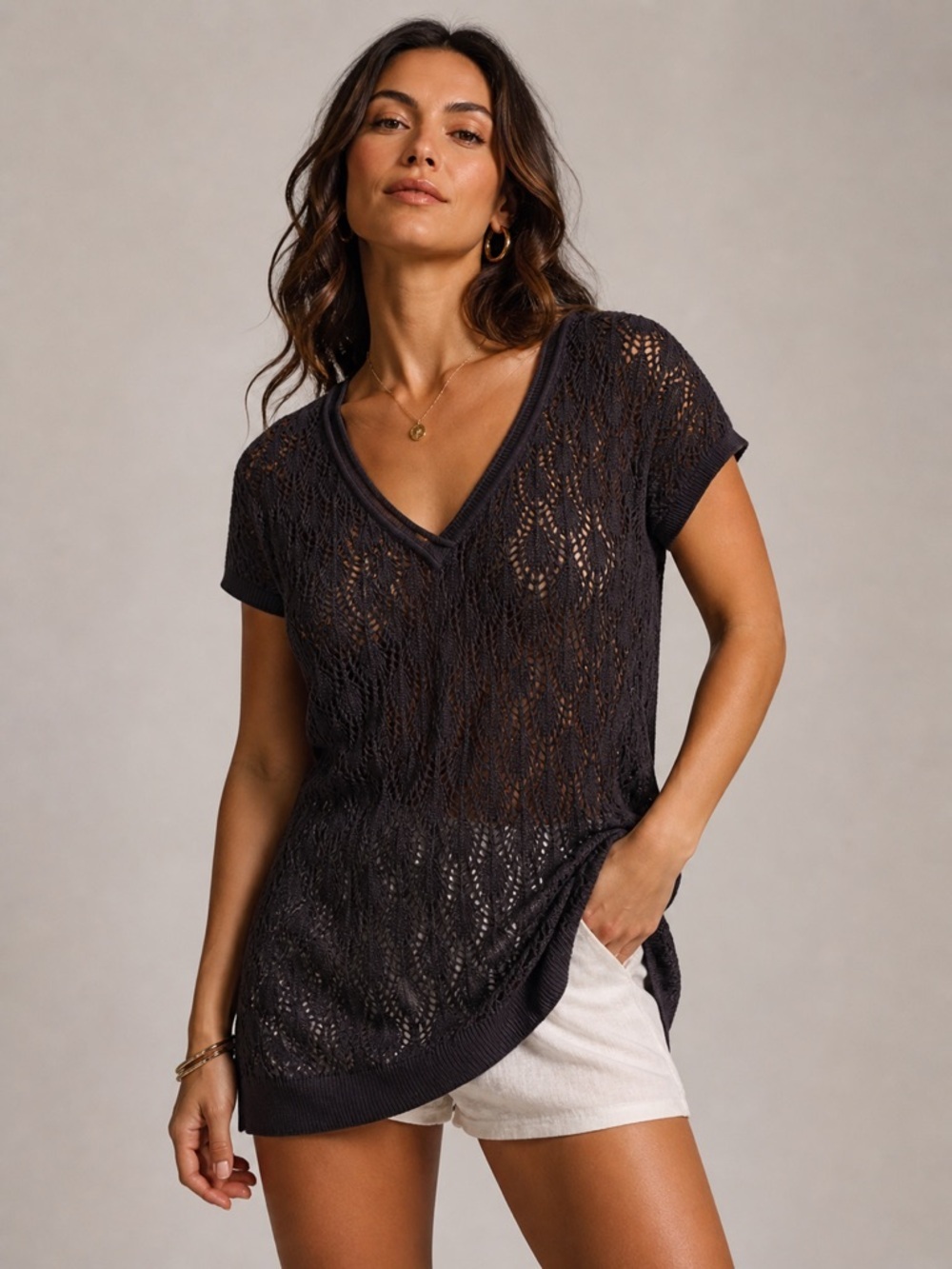 Geoffrey Beene Sport Black Crochet Knit Tunic Dress Top Size L Boho Sheer